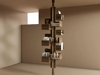 Modern Wooden Bookcase With Layered Open Shelves Holding Books And Decor Items In Room 3d model