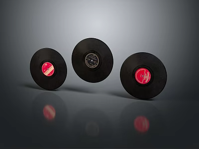 Three Vintage Vinyl Records With Red Labels Central Design On Dark Background 3d model