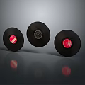 Three Vintage Vinyl Records With Red Labels Central Design On Dark Background