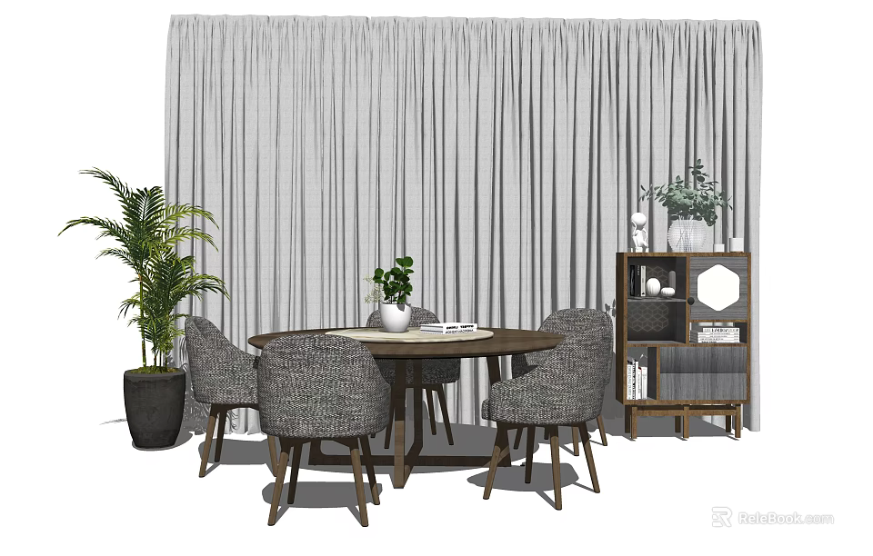 Modern Round Dining Table Set With Four Gray Woven Chairs Shelf And Tabletop Potted Plant 3d model 