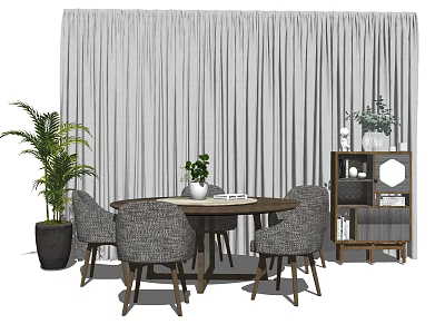 Modern Round Dining Table Set With Four Gray Woven Chairs Shelf And Tabletop Potted Plant 3d model