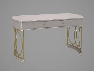 Modern Elegant Desk With White Top Gold Metal Frame Two Drawers And Gold Handles 3d model