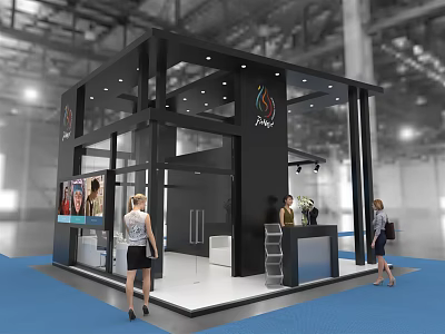 Black White Modern Exhibition Booth With Open Structure Ceiling Lights Display Images and Blue Carpet Area 3d model