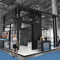 Black White Modern Exhibition Booth With Open Structure Ceiling Lights Display Images and Blue Carpet Area