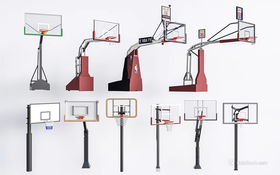Different Basketball Hoop Designs With Various Stand Structures For Sports Areas 3d model 