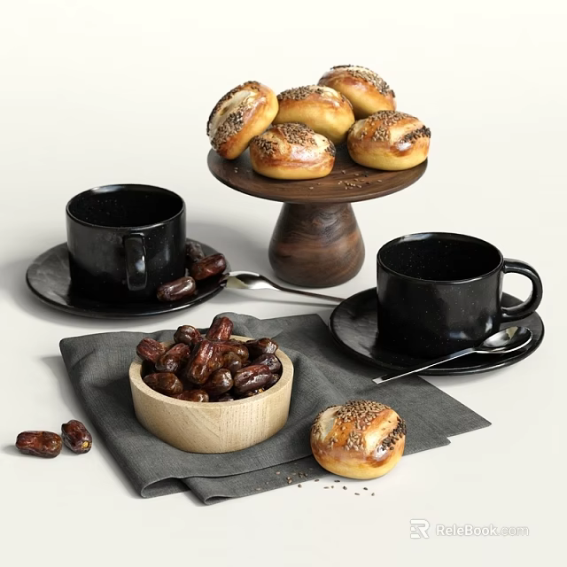Freshly Baked Bread with Black Coffee and Dates in Ceramic Cups on Wooden Plates 3d model 