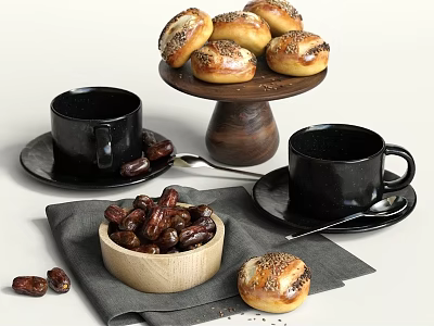 Freshly Baked Bread with Black Coffee and Dates in Ceramic Cups on Wooden Plates 3d model