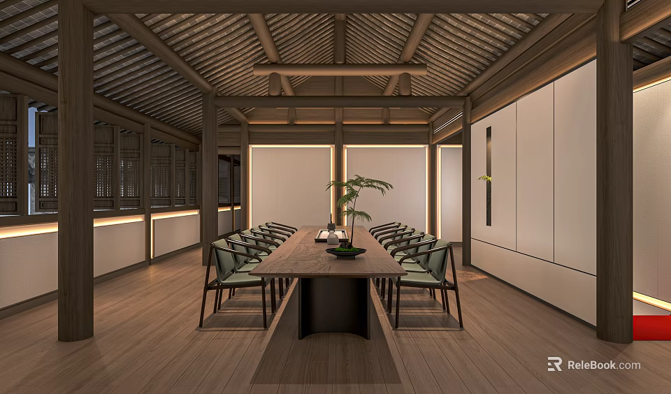 Traditional Tea Room Interior With Wooden Beams Long Table Green Plant Chairs And Warm Lighting 3d model 