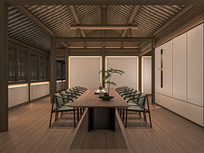 Traditional Tea Room Interior With Wooden Beams Long Table Green Plant Chairs And Warm Lighting 3d model