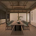 Traditional Tea Room Interior With Wooden Beams Long Table Green Plant Chairs And Warm Lighting