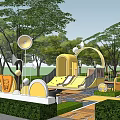Outdoor Children's Playground With Green Trees Yellow Playhouse Checkerboard Floor And Letter Blocks