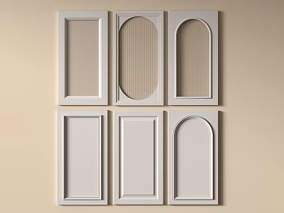 White Door Panels With Various Styles Display On Light Brown Wall 3d model