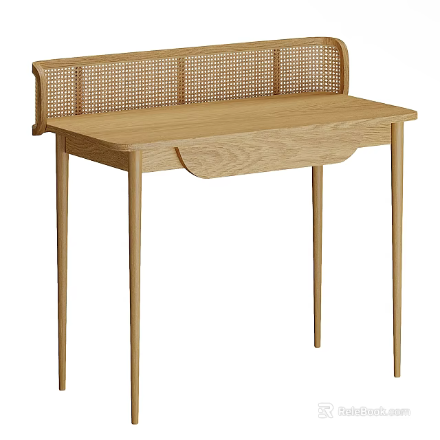 Modern Light Oak Desk With Woven Back Panel Slim Legs And Minimalist Design 3d model 