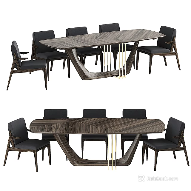 Modern Wooden Dining Table Set With Dark Upholstered Chairs And Unique Base Design 3d model 