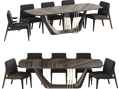 Modern Wooden Dining Table Set With Dark Upholstered Chairs And Unique Base Design 3d model
