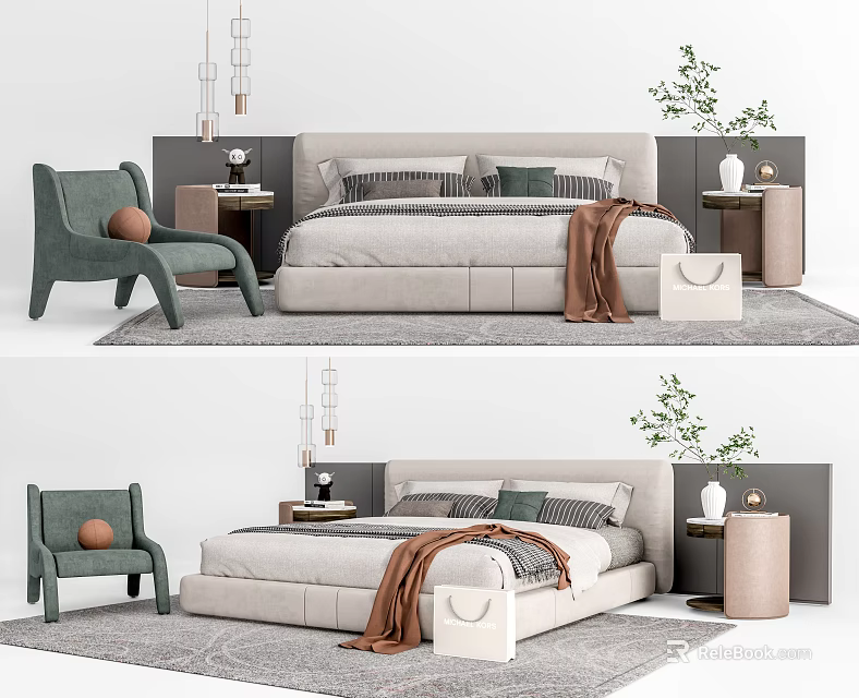 Modern Double Bed Interior With Upholstered Headboard Side Chair Throw Blanket And Decorative Pillows 3d model 