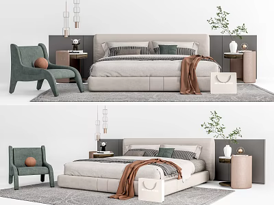 Modern Double Bed Interior With Upholstered Headboard Side Chair Throw Blanket And Decorative Pillows 3d model