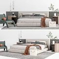Modern Double Bed Interior With Upholstered Headboard Side Chair Throw Blanket And Decorative Pillows