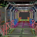 Futuristic Elevator Corridor Design With Metal Structure LED Strip Lights Side Railings And Reflective Floor