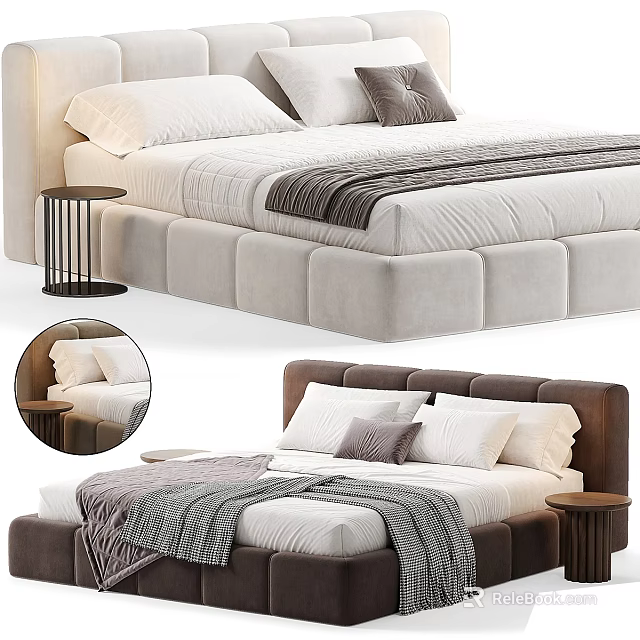 Modern Double Bed Interior Design With Upholstered Headboard Plush Pillows And Nightstand 3d model 