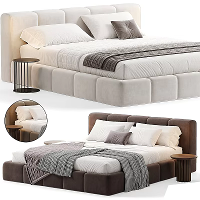 Modern Double Bed Interior Design With Upholstered Headboard Plush Pillows And Nightstand 3d model