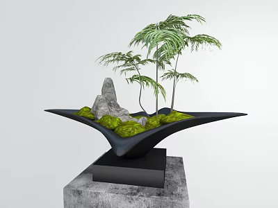 Elegant Bonsai Potted Plant In Black Unique Pot With Green Moss Stone And Ferns 3d model