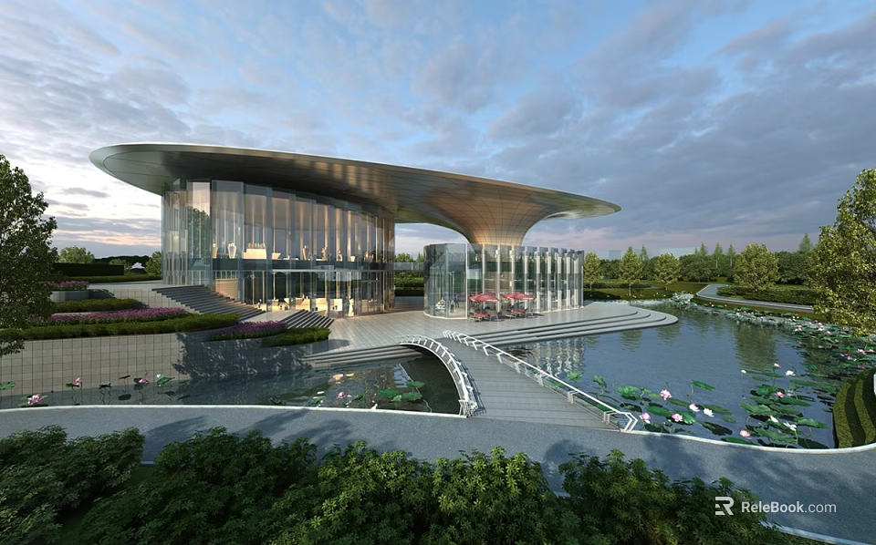 Scenic Modern Building with Curved Roof Glass Facade Water Pool Lotus Flowers and Bridge 3d model 