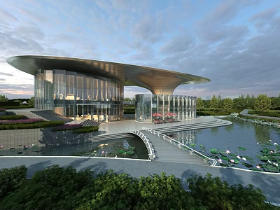 Scenic Modern Building with Curved Roof Glass Facade Water Pool Lotus Flowers and Bridge 3d model