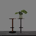 Stylish Wooden And Metal Bar Stools With Green Plant Vase Against White Wall Gray Floor