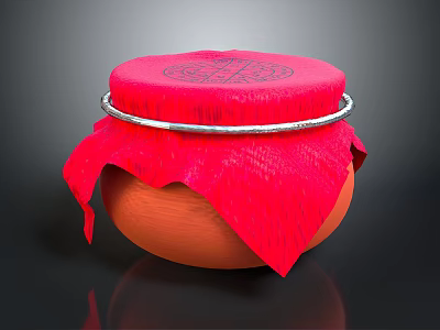 Traditional Clay Pot With Red Cloth Cover Silver Ring And Carved Patterns 3d model