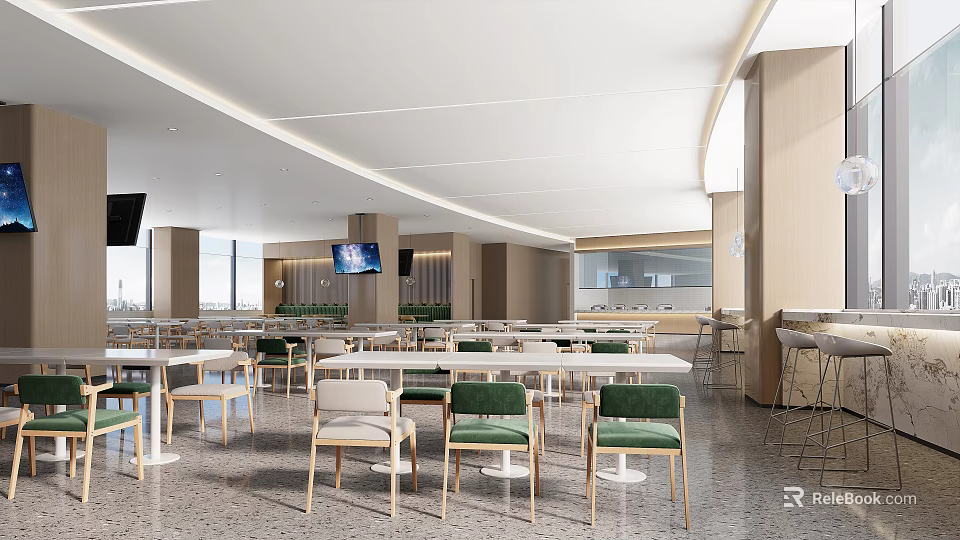 Modern Restaurant Interior With Open Kitchen White Dining Tables Green Chairs And Large Windows 3d model 