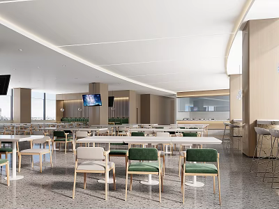Modern Restaurant Interior With Open Kitchen White Dining Tables Green Chairs And Large Windows 3d model
