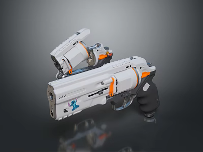 Futuristic Pistol Weapon With White Orange Body And Blue Accent Reflective Surface 3d model