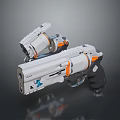 Futuristic Pistol Weapon With White Orange Body And Blue Accent Reflective Surface