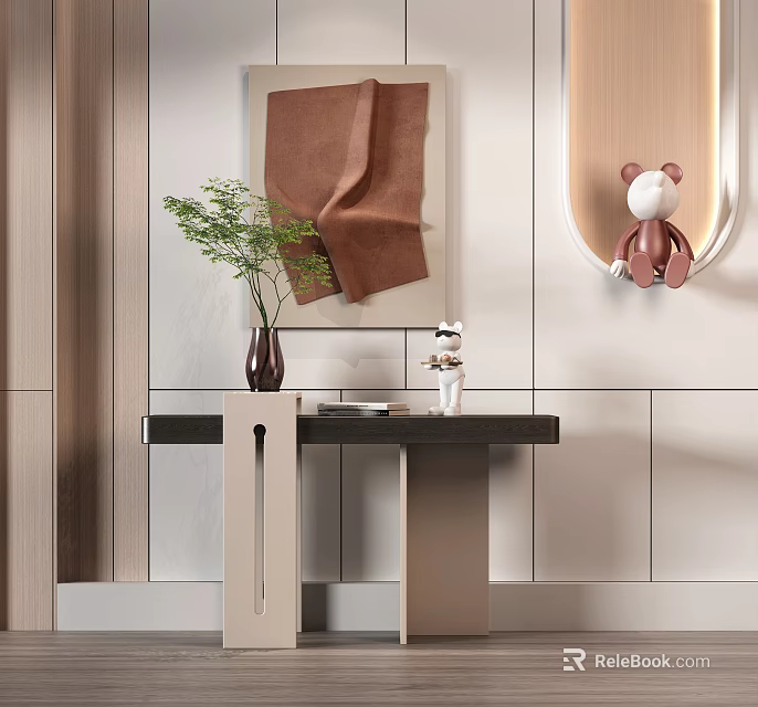 Modern Console Table With Green Plant Vase Teddy Bear Decoration And Wall Art 3d model 