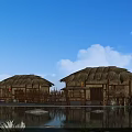 Scenic Thatched Cottages With Water Pool Bamboo Fences Greenery And Sky Reflections