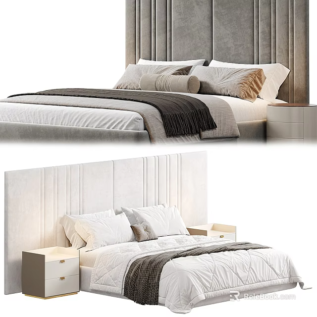 Modern Upholstered Double Bed Featuring Soft Pillows Cozy Blanket and Sleek Nightstand 3d model 