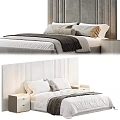 Modern Upholstered Double Bed Featuring Soft Pillows Cozy Blanket and Sleek Nightstand