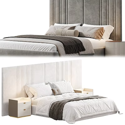 Modern Upholstered Double Bed Featuring Soft Pillows Cozy Blanket and Sleek Nightstand 3d model