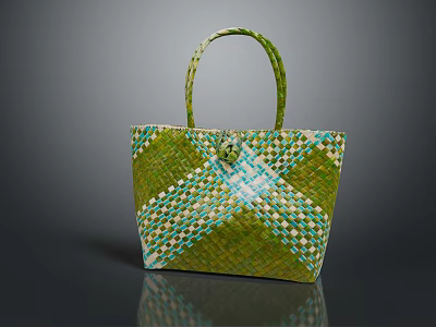 Stylish Woven Green Handbag With Blue White Checkered Pattern And Handle 3d model