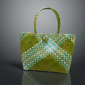 Stylish Woven Green Handbag With Blue White Checkered Pattern And Handle