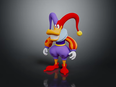 Game Movie Jester Character With Purple Body Red Hat Yellow Beak And Striped Sleeves 3d model