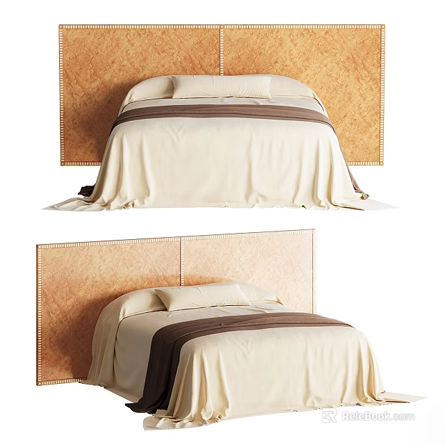 Stylish Double Bed With Upholstered Brown Headboard And Beige Bedding 3d model 