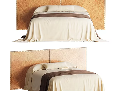 Stylish Double Bed With Upholstered Brown Headboard And Beige Bedding 3d model