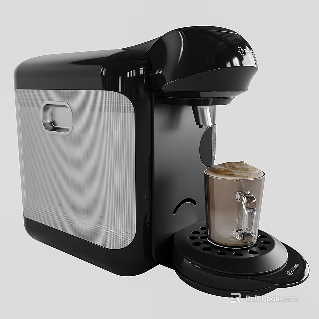 Modern Black Kitchen Appliance Coffee Machine Making Frothy Coffee In Glass Cup 3d model 