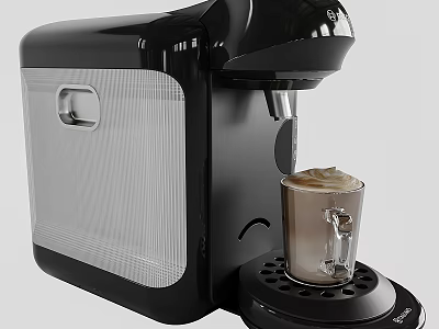 Modern Black Kitchen Appliance Coffee Machine Making Frothy Coffee In Glass Cup 3d model