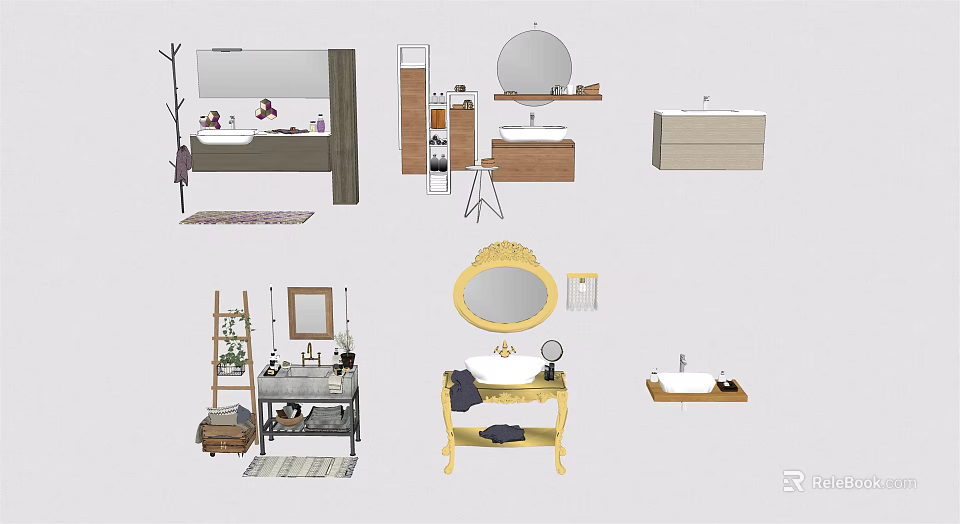 Modern Bathroom Washbasin Designs With Round Mirror Wooden Cabinets And Decorative Items 3d model 