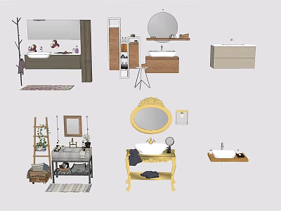 Modern Bathroom Washbasin Designs With Round Mirror Wooden Cabinets And Decorative Items 3d model