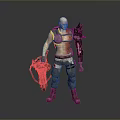 Bald Warrior Character With Red Tattoos Mechanical Arm Large Weapon And Tattered Combat Outfit