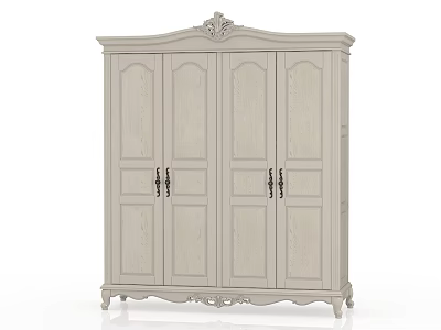 Classic White Wardrobe With Four Carved Doors Metal Handles And Ornate Feet 3d model